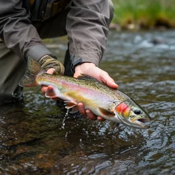 river in central oregon, rainbow trout jumping, by greg