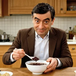 rowan atkinson as mr bean preparing a bowl of red bean soup