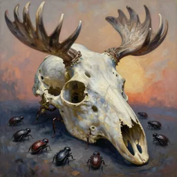 oil painting of otherworldly bugs crawling through the cavities of a giant moose skull, by zdzislaw beksinski, by dariusz zawadzki, by john jude palencar, gothic, surrealism, cosmic horror, lovecraftian, biomorphic, cold hue's, warm tone gradient background, concept art, beautiful composition