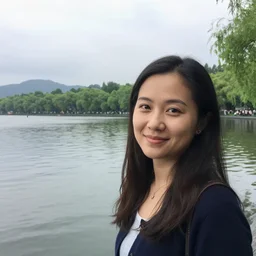 a woman smiling at the camera, lake in the background, 2 0 2 0