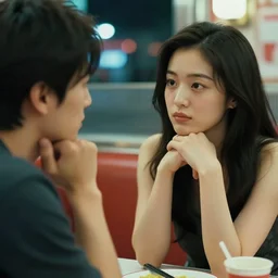 movie interior closeup beautiful Japanese model couple closeup sitting and talking at 50s diner, night in the city, beautiful skin, by Emmanuel Lubezki