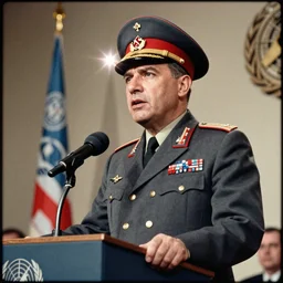 60s movie still of Josip Broz Tito with his general's cap delivering a speech at the UN, by Irving Penn , cinestill 800t 35mm, heavy grainy picture, very detailed, high quality, 4k, HD criterion, precise texture, lens flare