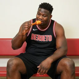 an obese zion williamson with a naruto haircut sitting on the bench and eating a giant fried drumstick