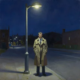 a painting of a man in a trench - coat standing under a bright street lamp on an empty street with a dark cityscape in the background with a star filled sky. featured on artstation. painting in the style of john register