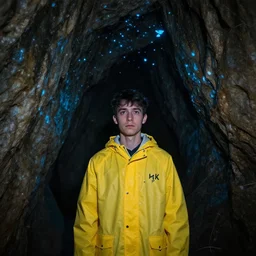 many small blue glowing fragments inside a cave, young man with yellow raincoat, 8 k, award - winning, hyperdetailed, mysterious