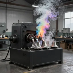 Hissing bellows of colorful steam from the strange machine in the busy workshop. Black ink line drawing over a watercolor. Ethereal colors. 4K.