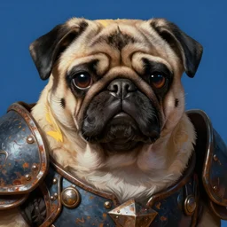 The angry God Pug, portrait, highly detailed, digital painting, artstation, concept art, smooth, detailed rusty armor, sharp focus, beautiful face, symmetric face, dystopian, cinematic, videogame cover art, illustration, fantasy, blue and yellow color theme, art by Artgerm and Greg Rutkowski and Alphonse Mucha