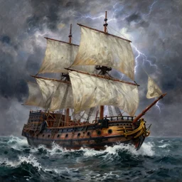 a photo realistic oil painting of a galleon caught in a storm with high waves and lightning