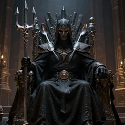 the dark lord spoonfork, he is a cloaked figure with spoon and fork shoulder pads, he is sitting in a throne room holding a trident made out of knives 8k