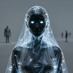 portrait of a woman, black, covered in transparent cloth, plastic, glowing eyes, flat background, masterpiece, glowing, wires everywhere, by edgar maxence and ross tran, zdzisław beksinski, and michael whelan, distant, gustav dore, h. r. giger, 8 k, octane render