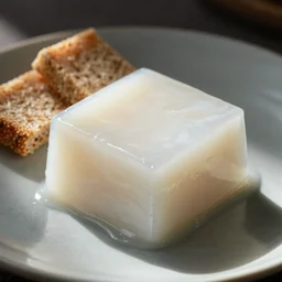 delicious translucent white cube made of starch and water served with hardtack, food blog photo