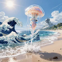 A very beautiful serene coastal landscape scene with a GIANT MECHA JELLYFISH looming in the distance, bright sunny waves splashing on the beach, Translucent rendered by simon stålenhag, The Great Wave off Kanagawa, rendered by Beeple, Makoto Shinkai, syd meade, environment concept, digital art, starwars, unreal engine, 3 point perspective, WLOP, trending on artstation, low level, 4K UHD image, octane render,