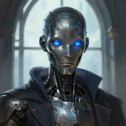 portrait of an android metal wizard, blue bright eyes, window, intellectual, sofisticated, fantasy, highly detailed, digital painting, artstation, concept art, character art, art by greg rutkowski and tyler jacobson and alphonse mucha