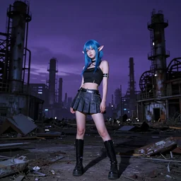 stunning, breathtaking, epic, award-winning photo of an attractive young asian elf woman with pointy ears and blue hair, wearing a miniskirt and knee-high boots in an endlessly sprawling desolate abandoned post-apocalyptic industrial city at night, extremely moody purple lighting