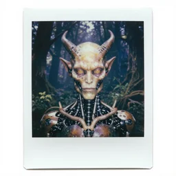 8 0 s colour photograph artistic polaroid of highly detailed portrait of biomechanical demon in magical forest, soft lighting insanely detailed concept art by luis royo, giger, beksinski, todd mcfarlane, lotr, soft lighting, particle fx renderer photorealistic