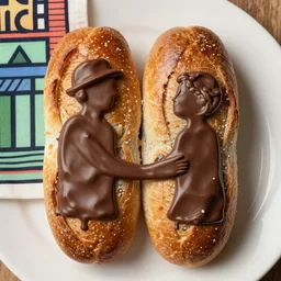 2 breads with chocolate hugging each other, Toulouse Lautrec style