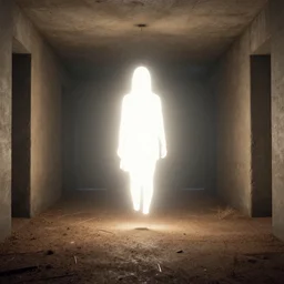 a bright silhouette hovers above the ground inside of a hall. liminal, cozy, bladerunner 2 0 4 9 set design by alessandra querzola ( 1 9 8 8 )