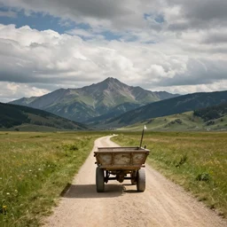 back view of a cart driving on a dirt road in a meadow, mountains, swirly clouds, midday, photography by marc adamus, dramatic lighting, beautiful'gives instant pleasant looking photography - like images