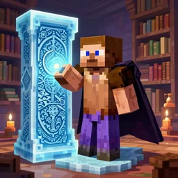 minecraft, warden character, magic library, carving on southern ice porcelain , overdetailed art, complementing colors, magic, colorful lights, detailed illustration
