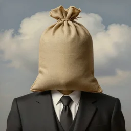 portrait of a faceless burlap sack - head man in a suit, clouds in the background, by rene magritte, detailed painting, distance, centered, hd, hq, high resolution, high detail, 4 k, 8 k