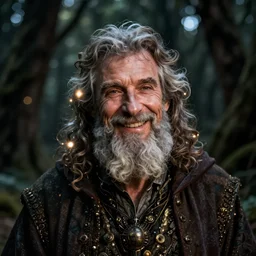 portrait of merlin, the enigmatic!!!, wise, smiling wizard, in a dark fae forrest. close up, bokeh, rembrandt lighting, low key light, nikon d 7 5 0, hd, ycbcr, lumen reflections, character concept art by akihito yoshida, annibale carracci, camille corot, and ivan shishkin