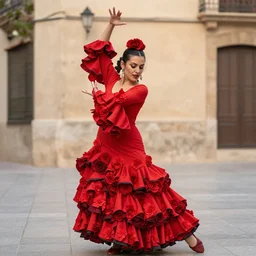 spanish flamenco dancer in mallorca wearing a red dress made of flowers by artist tamara de lempicka