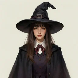 portrait adult female witch student, magic university school dress, bangs hairstyle, illustration, highly detailed, digital painting, concept art, matte, art by wlop and artgerm and greg rutkowski and alphonse mucha