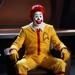 A film still of Ronald McDonald in a Star Trek: The Next Generation, sitting in Ten Forward, dramatic lighting