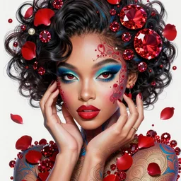 studio portrait absurdly beautiful, elegant, graceful, young hypercolorful contrast sensual african gravure idol rubies and red petals, ultrafine hyperrealistic detailed face illustration by kim jung gi, irakli nadar, intricate linework, sharp focus, bright colors, matte, octopath traveler, final fantasy, unreal engine highly rendered, global illumination, radiant light, intricate environment