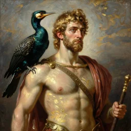 orientalist portrait painting of a the great greek warrior achilles with a cormorant on his shoulder, in romantic style, sfumato