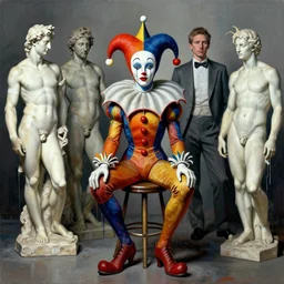 portrait of a morphed harlequin sitting on a stool by robert mapplethorpe and michelangelo and bernini and james jean and luc tuymans and vincent lefevre and hernan bas and pat steir and hilma af klint, digital paint, glitch, psychological, dripping paint, high quality render, masterpiece