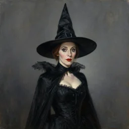 miriam margolyes wearing a black witch's dress and tall pointed black witch's hat. painting by artgerm and greg rutkowski