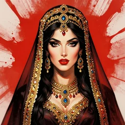 portrait of svelt iranian vampiress, jeweled veil, strong line, saturated color, beautiful! coherent! by frank frazetta, high contrast, blood splatter background