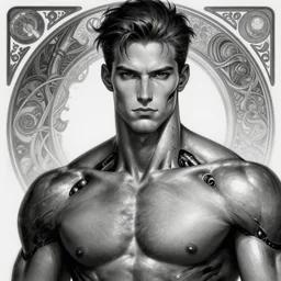 terminator robot as gigachad, handsome, upper body, grey and silver, muscular, hairy torso, fantasy, intricate, muscular, elegant, highly detailed, digital painting, artstation, concept art, smooth, sharp focus, illustration, art by gaston bussiere and alphonse mucha, black and white, close up, face