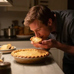 ethan van sciver is sniffing a warm baked pie in his kitchen in the middle of the night h 7 0 4