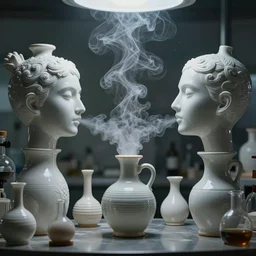 an alchemical laboratory of vapour voices made from ceramic vessels, air flow, no humans, 8 k, unreal, high resolution