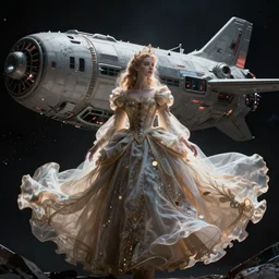 dead princess in flowing long dress, in space, broken spaceship in background, futuristic, hi-tech details, style jean giraud, hyperdetailed, dark colors