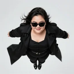 thick chubby filipina supervillain, long black trench coat, sunglasses, sly grin, fully clothed, exaggerated perspective, flying toward camera, beautiful detailed face, bright blue hair, action pose, comic book style, highly detailed, dynamic shadows, dynamic lighting, geoff johns, jason fabok, jason fabok, brad anderson, splash art