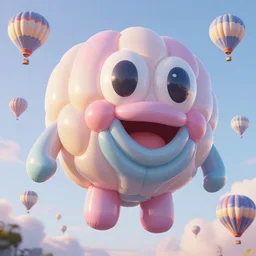 elaborate, giant, massive, detailed, shiny, 3 d, pastel, hyperrealistic, blowup balloon character with eyes and mouth, twisting geometry, floating in a painted sky full of hot air balloons, cinematic, 4 k by'eva cremers'and'lesley barnes'and'jordan coelho'