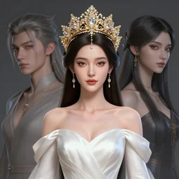 a beautiful woman wearing a white dress made of silk, and a crown made of golden ornaments and diamonds jewelry by alex gray and android jones, karol bak, ayami kojima, amano, concept art, character design, fantasy, 3 d, 8 k resolution