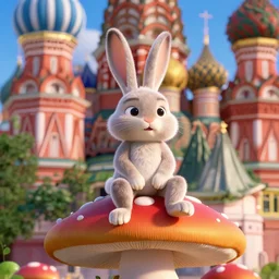 a toy story cgi render of a rabbit with david tennant's face sitting on a giant mushroom in moscow 4 k