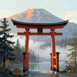 Japanese Torii in a colorful moutain with trees ,morning , by Grzegorz Rutkowski, concept art