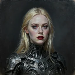 a striking hyper real painting of Elle Fanning , dark, metal, occult, by Glyn Smyth
