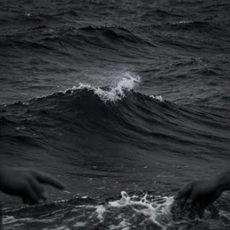 dark ocean, towering waves, black, grey - scale, highly turbulent, deep focus, no sky, elevation view, hidden hands and faces