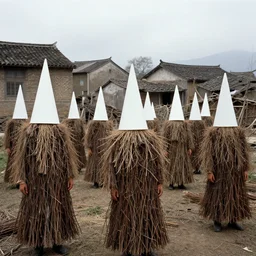 realistic documentary photo of a group of people covered in brown dry branches trees and straw costumes with white cone heads in a crystal cloud village 1 9 9 0, life magazine reportage photo, neutral colors, neutral lighting