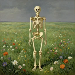 human skeleton looking at you in distance in beautiful meadow of flowers, detailed painting by rene magritte