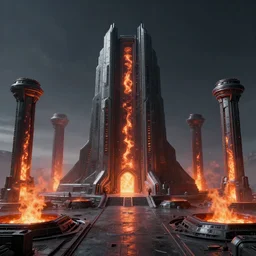 a minimalist alien planet scifi brutalist futuristic robot temple exterior with an iron forge smelting pits with columns of glowing plasma smoke, high dynamic range, ilm, beeple, star citizen halo, mass effect, bladerunner, elysium