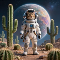 A cat in a futuristic space suit on a planet with a lot of cactuses, beautiful digital art, dramatic volumetric lighting, epic composition, high detail, 4K Ultra HD