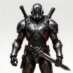 knight, soldier, scifi, power armor, mechasuit, medieval, futuristic sword, heavy gun, armored, helmet, military, heavy, modern, gaz mask, black and white with red splash of color, concept art, bust portrait, nekro, tom bagshaw, craig mullins, ventail, exsokeleton, hyper realistic, hyper detailed, artstation