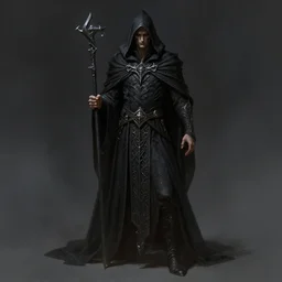 male necromancer, full body shot, hood, d & d, horror, darkness, fantasy, intricate, elegant, highly detailed, digital painting, artstation, concept art, matte, sharp focus, illustration, art by piotr jablonski